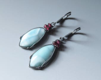 Larimar, Rhodolite Garnet and Oxidized Sterling Silver Earrings. Wire Wrapped Gemstone Earrings.