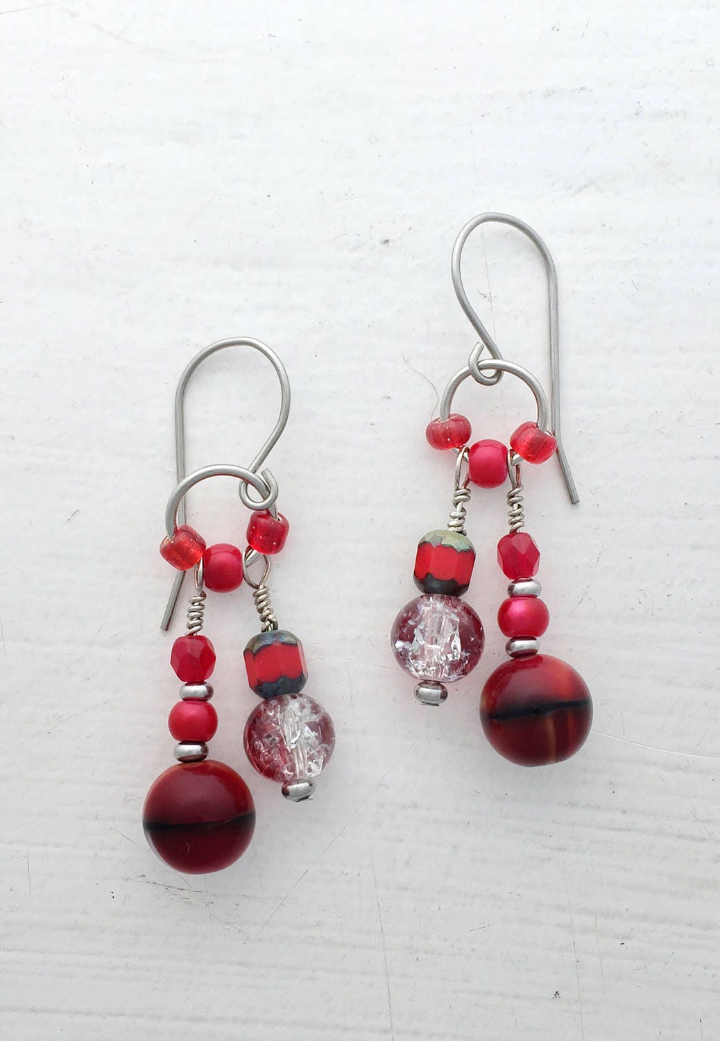 Red dangle earrings boho style earrings red grey earrings
