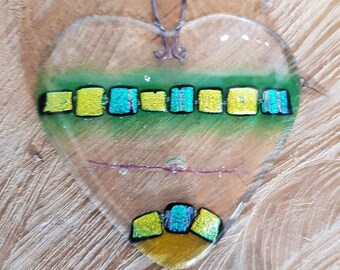 Handmade Small Fused Glass Heart in Green to Hang for Decoration
