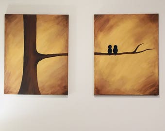 Set of Two Paintings Lovebirds