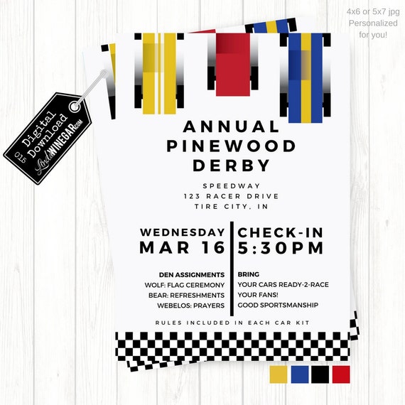Cub Scout Pinewood Derby Invitation Blue Yellow Red