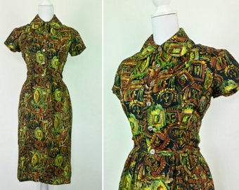 Vintage 50s silk Tiki wiggle dress shirt dress size XS