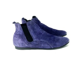 Purple Leather Chelsea Ankle Booties 6 - Slip On Flat Ankle Booties 6 - Chelsea Booties 6