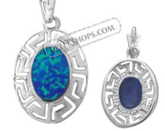 Sterling Silver Rhodium Plated Pendant - Greek Key & Opal (21mm)