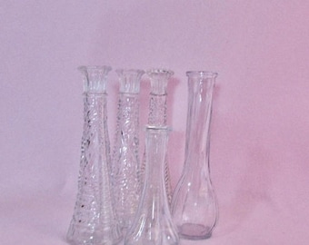 SALE Five Glass Bud Vases, Vintage Clear Glass Bud Vases,