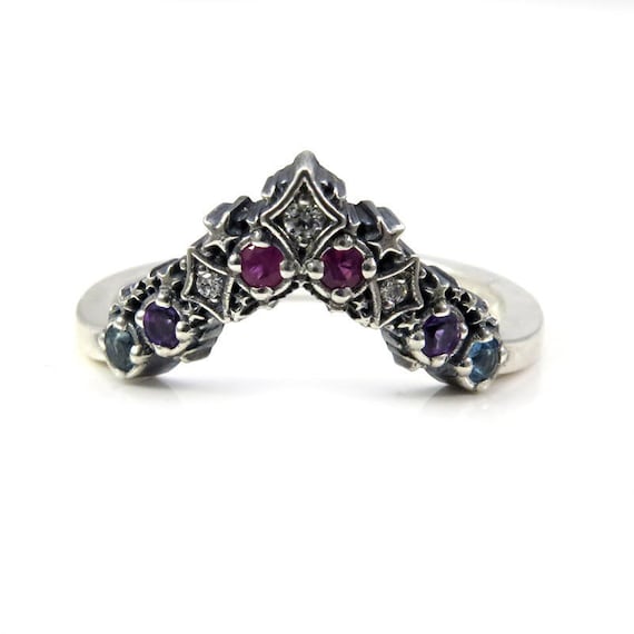 Nebula Silver Stardust Chevron Wedding Band - Boho Stacking Ring - Amethyst, Pink Sappire, Blue Topaz and Black or White Diamonds
