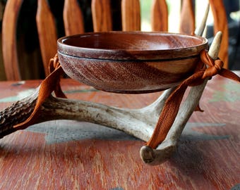 Wooden ritual offering bowl on real whitetail deer antler base with deerskin leather decoration pagan Wicca altar