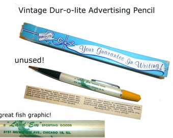 Vintage Dur-O-Lite Advertising Mechanical Pencil. Original Box & Insert. Chicago 1960s. Sporting Goods Store Great Fish Graphic. Unused