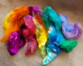 Silk Hankies hand dyed rainbow colours 10g felting, fiber, spinning, textiles