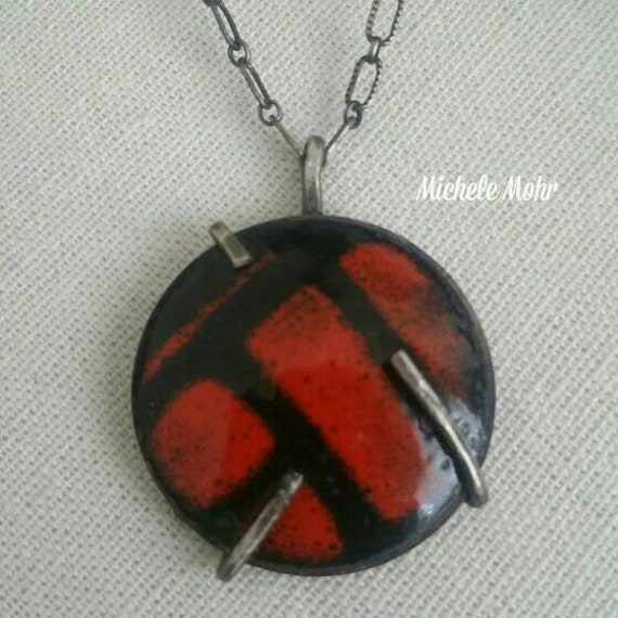 Fiery Orange and Black Abstract Enamel Pendant/Necklace