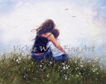 Mother and Son Art Print, mom, boy, brunette mother, mom hugging son, loving mother, mother's day gift, mum wall art, Vickie Wade Art