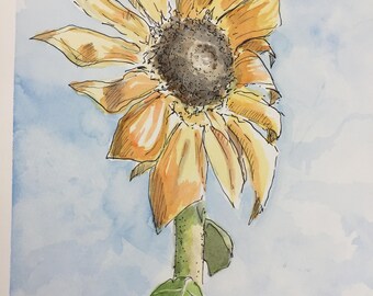 Sunflower Original Watercolor and Pen