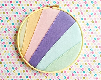 Pastel rainbow enamel pin holder // hand stitched felt embroidery hoop // wool felt // rainbow embroidery hoop