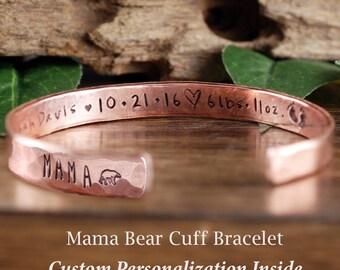 Mama Bear Cuff Bracelet, Baby Stats, Custom Cuff Bracelets, Personalized Mama Bear Jewelry, Mother Bracelet, Mama Bear Jewelry, Gift for Mom