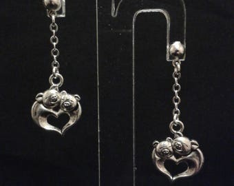 Pig with chains - silver - 4 cm heart earrings