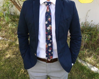 Floral Tie, Navy Blue Floral Tie, Vintage Skinny Tie, Wedding Floral Tie, Blue Floral Tie