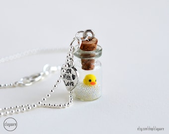 Rubber Ducky Necklace - Miniature Jar Rubber Duck Pendant Necklace - Rubber Ducky Bubbles Jewelry - Polymer Clay Kawaii Jewelry