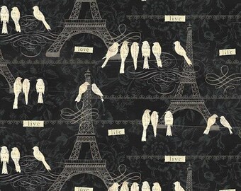 Love Paris, Black Cream, Birds, Eiffel Tower, Cotton Print, Black by David Textiles 100% Cotton - YARD