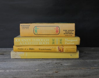 Set of 4 worn books, Vintage book stack set, Yellow book set, Worn antique books for shelf, Stack of old books, Neutral color books
