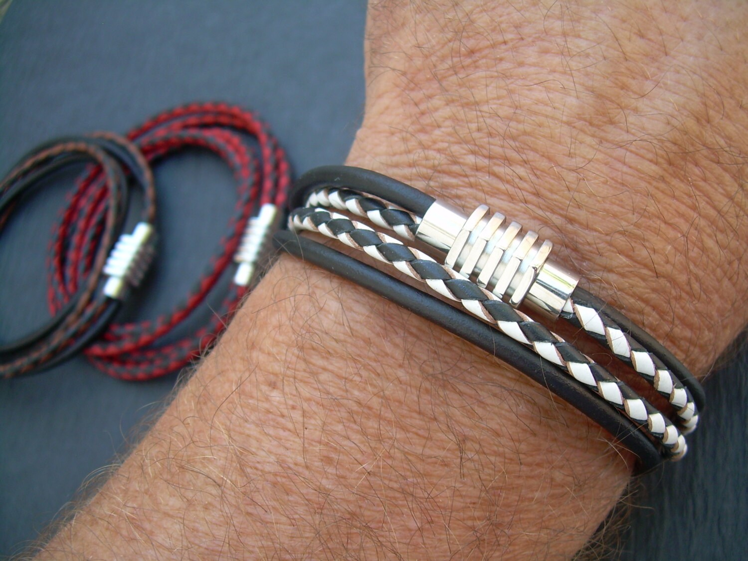 Two Toned Mens Leather Bracelet Stainless Steel