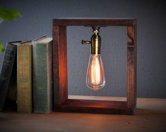 Oak Box Industrial Lighting - Steampunk Lamp - Table Lamp - Edison Light - Vintage Light - Pipe Lamp - Bedside Lamp - Rustic Lighting