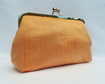 Silk Clutch, Bridal Clutch, Bridesmaid Clutch, Peach Clutch Purse, Evening Clutch, Wedding Clutch, Peach and Black Silk Clutch