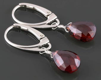 Red Garnet Earrings. Sterling Silver Lever Back Ear Wires. Genuine Gemstone. January Birthstone. Mozambique Garnet. s16e015