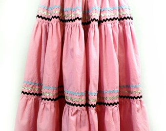 50s Circle Skirt, Vintage Pink Handmade Tiered Full Skirt with Ric Rac Trim 25" Waist