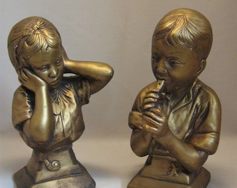 Bust Figurine Book Ends Boy W/Flute & Girl E Villasis Esco Products 1959