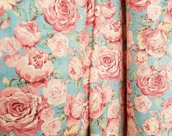 Chantilly Rose Floral Cabbage Rose Fabric by Qualitex Inc. Fabric, Pink, Blue, Green, Cotton, Home Decor Fabric, 4 Yards