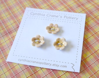 Tiny Ceramic Flower Buttons, Pale Pink Flowers Handmade from Porcelain Clay, Set of 3