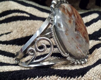 Sterling silver native American large center stone agate cuff bracelet