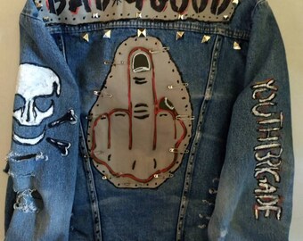Denim jacket with attitude,hand crafted denim sz: XL one kind earth upcycled middle finger