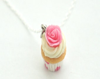 vanilla rose cupcake necklace- sterling silver, miniature food jewelry, food necklace