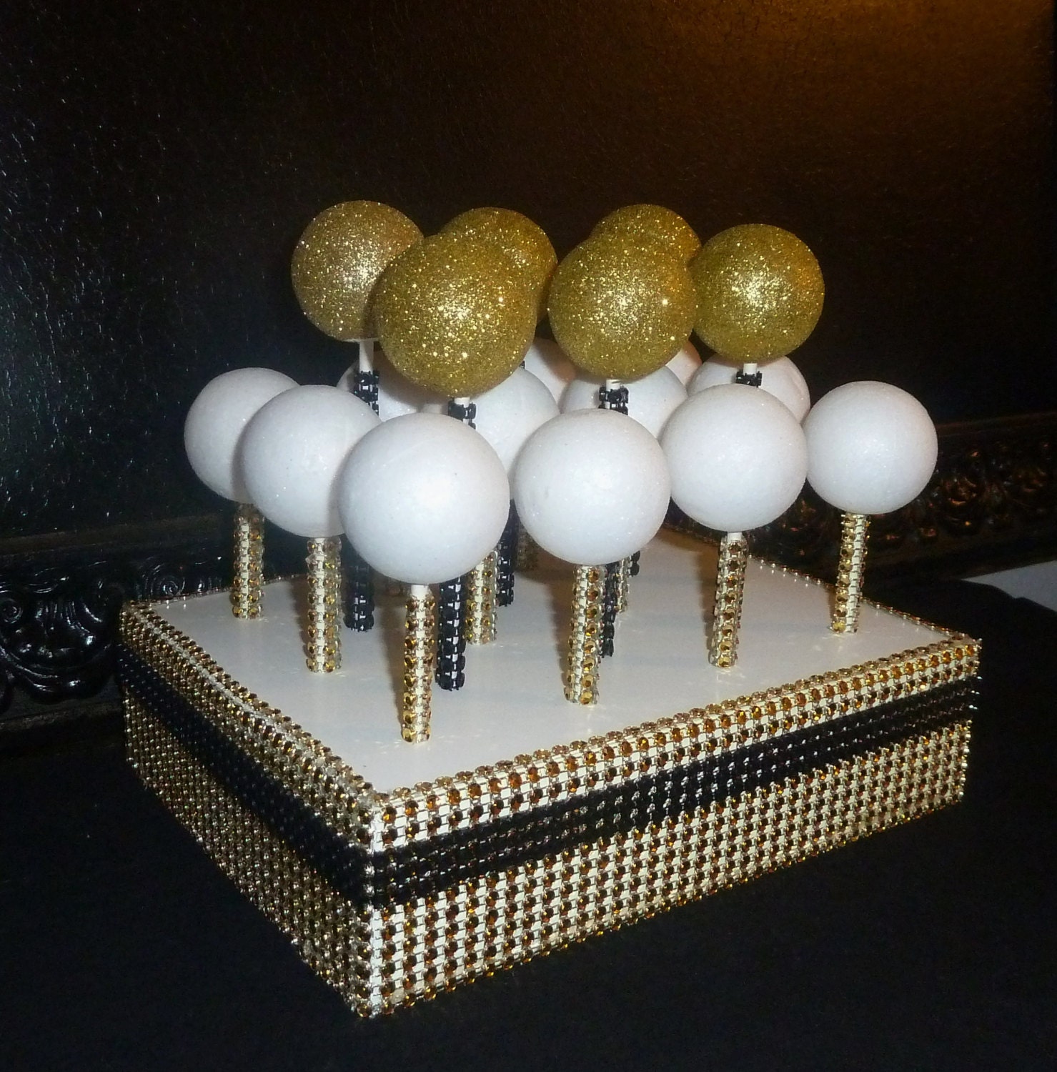 Gold Black Bling Faux Rhinestone White Cake Pop Stand Lollipop Gold Black Bling Faux Rhinestone White Cake Pop Stand Lollipop