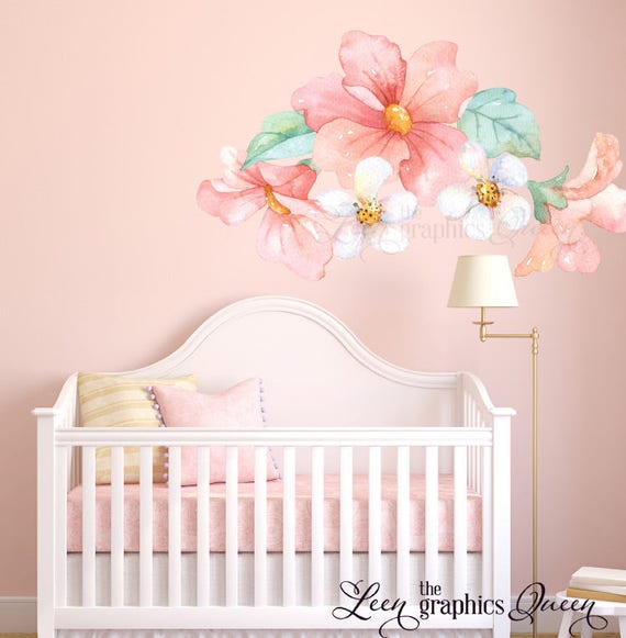 Pink Peach C Watercolor Fl Wall Decals Nursery Girl