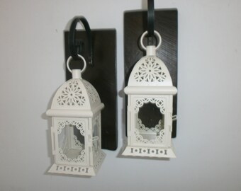 Two White Morrocan lantern Sconces Rustic Hanging Lanterns Lantern pair Wall decor Wall sconce Reclaimed Pallet Wrought iron hook