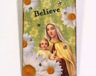 Religious Magnet Fridge Magnet Virgin Mary Madonna and Child Catholic Gift Vintage Holy Card Decoupaged