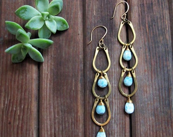 Channels Earrings - Shoulder Duster Long Earrings - Larimar Stone Earrings - Something Blue Earrings