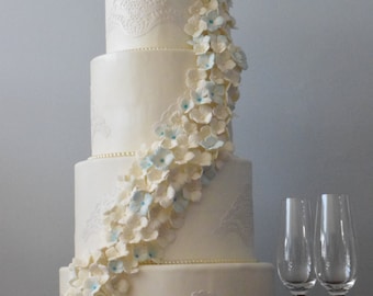White Hydangea wedding Display cake, Wedding cake, Faux cake, Table decor, Centerpiece, Weddings