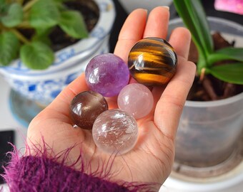 Crystals Set of 5, Rose Quartz Crystal Sphere, Amethyst Sphere, Quartz Crystal Ball, Smoky, Tigers Eye Sphere, Chakra Stones