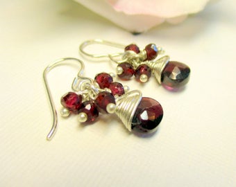 Garnet Earrings, Garnet Cluster Earrings, Long Earrings, Dangle Earrings, January Birthstone, Gemstone Earrings