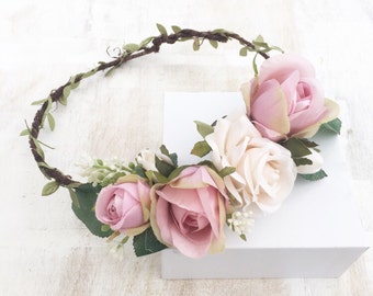 Light pink and ivory rose flower crown - halo - bridal - wedding - bride - flower girl - vintage - festival