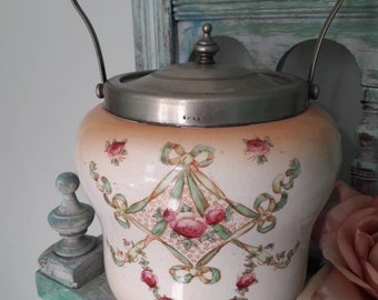 Astonishing RARE Antique devon ware SF & co Stoke on trent Ribbon large biscuit barrel Simon fieldings pottery