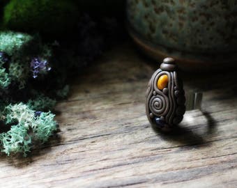 Clay & Gemstone Ring - Amethyst and Jasper - Fully Adjustable . Handmade Clay Jewelry . Goddess . Crystal and Gemstone Jewelry