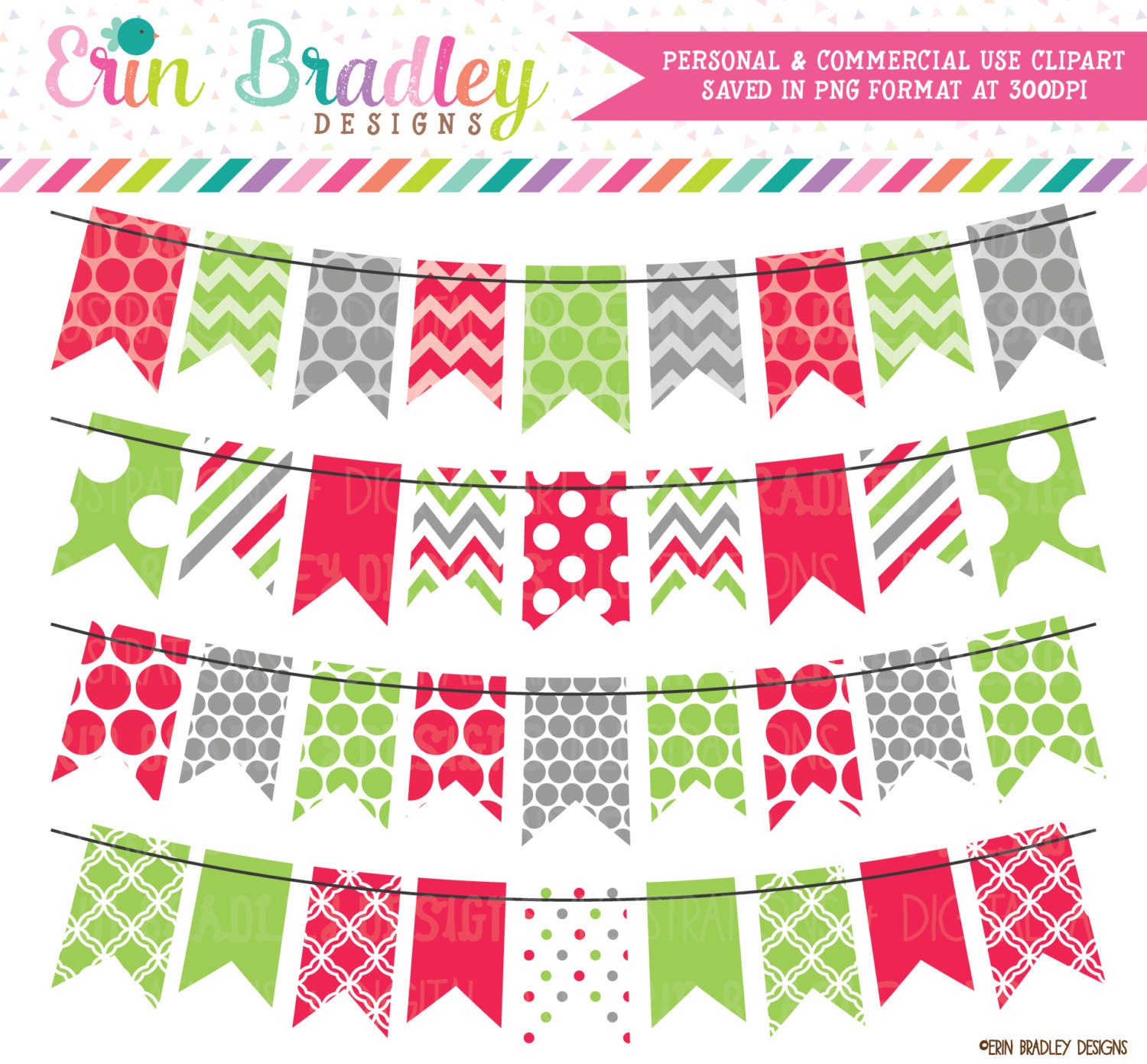 Holiday Red Green and Gray Bunting Banner Flag Clipart Clip