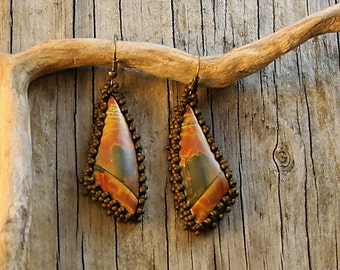 Beaded Statement Earrings - Bead Weaving Jewelry - Dangles - Red Creek Jasper Cabochons - BOHO