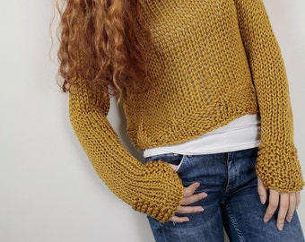 Hand knit woman cotton sweater cropped top pullover sweater mustard
