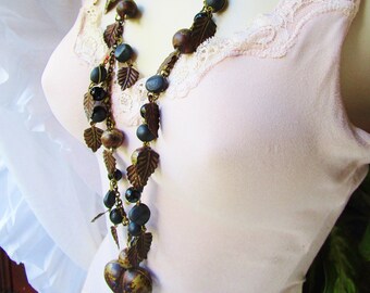 Vintage Brass Puffy Heart Figural Brass Leaf Charms Black Glass Bead Dangles 32" Long Necklace 95g Ethnic Artisan Rustic Bohemian Hippie