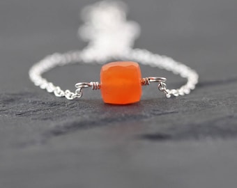 Carnelian Cube Necklace in Sterling Silver, Rose or Gold Filled. Orange Gemstone Choker. Dainty Layering Necklace. Boho, Bohemian Jewelry